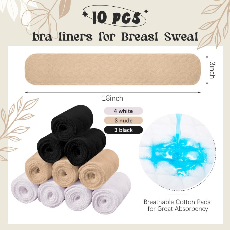 Toulite 10 Pcs Cotton Bra Liners Boob Sweat Pads 3 Layer Rectangle Under Bra Pads Sweat Liners for Women Sweating Supplies(Medium,White, Black, Beige) - Image 2