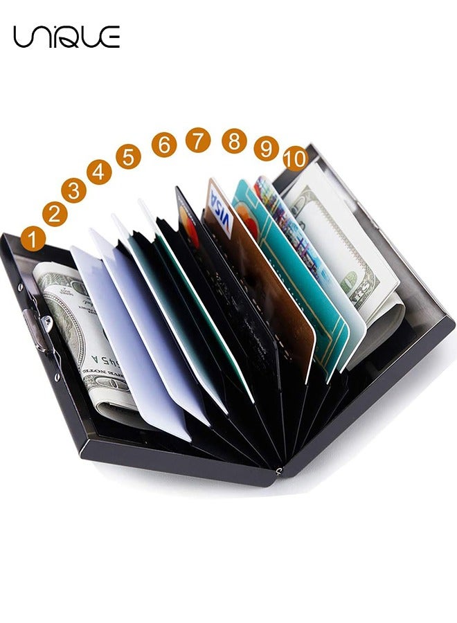 Unique RFID Credit Card Holder Slim Credit Card Wallet Metal Credit Card Protector Case with 10 Card Slots Portable Card Case Business Card organizer for Women or Men (Black) - Image 3