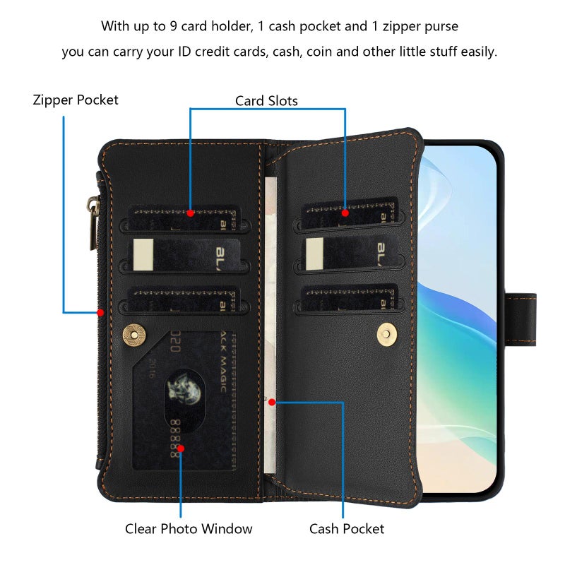 HuHa Case Cover For Infinix GT 20 Pro 5G Magnetic Closure 9 Card Slots Zipper Leather Case with Hand Strap(Black) - Image 3