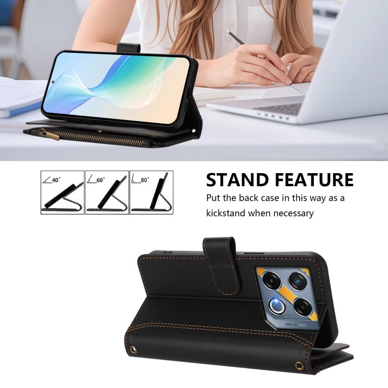 HuHa Case Cover For Infinix GT 20 Pro 5G Magnetic Closure 9 Card Slots Zipper Leather Case with Hand Strap(Black) - Image 4