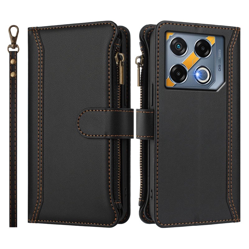 HuHa Case Cover For Infinix GT 20 Pro 5G Magnetic Closure 9 Card Slots Zipper Leather Case with Hand Strap(Black) - Image 2