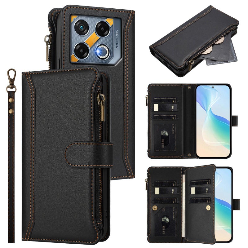 HuHa Case Cover For Infinix GT 20 Pro 5G Magnetic Closure 9 Card Slots Zipper Leather Case with Hand Strap(Black) - Image 1