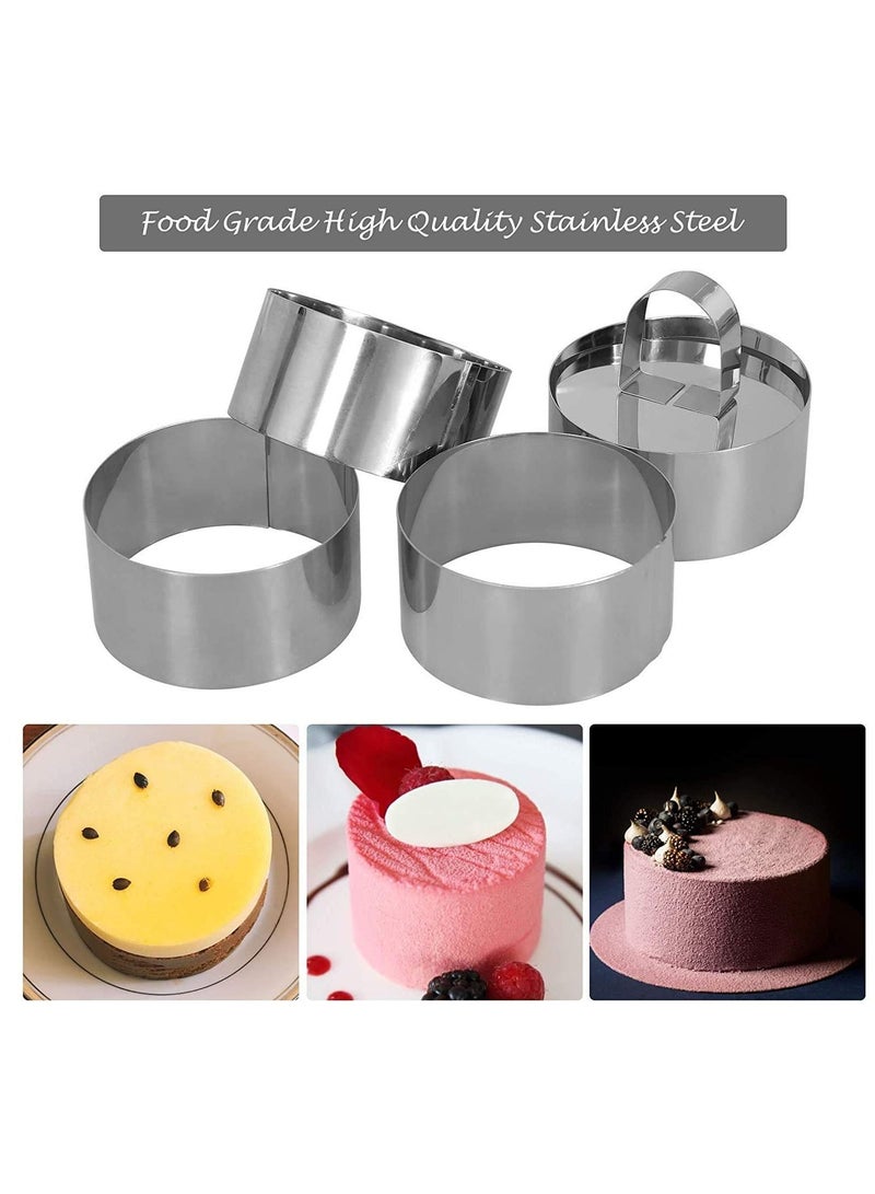 Set of 4 Mousse Stainless Steel Cake Rings, 3 Inch Round Cooking Rings Set with Pusher Mousse Ring Pastry Mousse Cake Mold for Baking Cooking Crumpets Eggs Desserts
