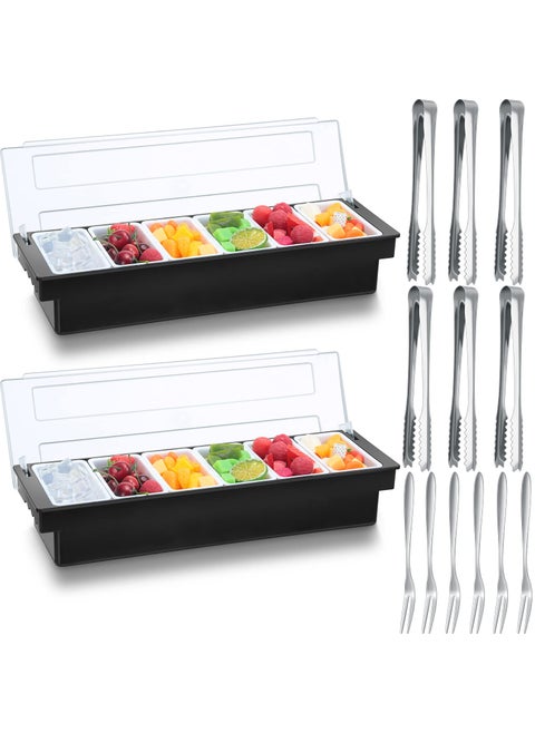 Gandeer 2 Ice Cooled Garnish Tray Deck Bar Garnish Caddy Condiment Containers with Lids and Removable Chilled Condiment Server with 6 Tongs and 6 Fruit Forks 6 Compartments