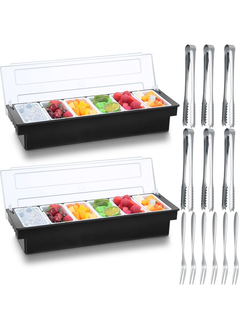 Gandeer 2 Ice Cooled Garnish Tray Deck Bar Garnish Caddy Condiment Containers with Lids and Removable Chilled Condiment Server with 6 Tongs and 6 Fruit Forks 6 Compartments