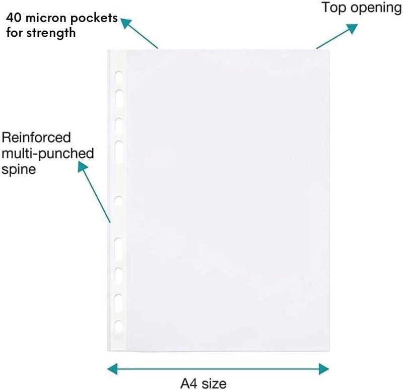 مارك ملف شفاف A4، 100 قطعة من ملفات البلاستيك الشفافة ذات الجيوب المثقوبة لحفظ الأوراق والمستندات (40 ميكرون) - Image 2