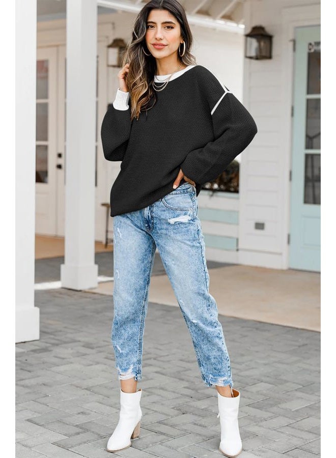 Disamer Fall Clothes for Women 2023 Trendy Crew Neck Oversized Sweaters Batwing Long Sleeve Knited Pullover Tops A Black, A Black, XL - Image 3