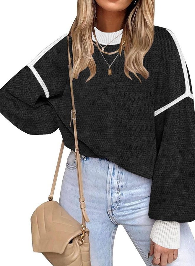 Disamer Fall Clothes for Women 2023 Trendy Crew Neck Oversized Sweaters Batwing Long Sleeve Knited Pullover Tops A Black, A Black, XL - Image 1