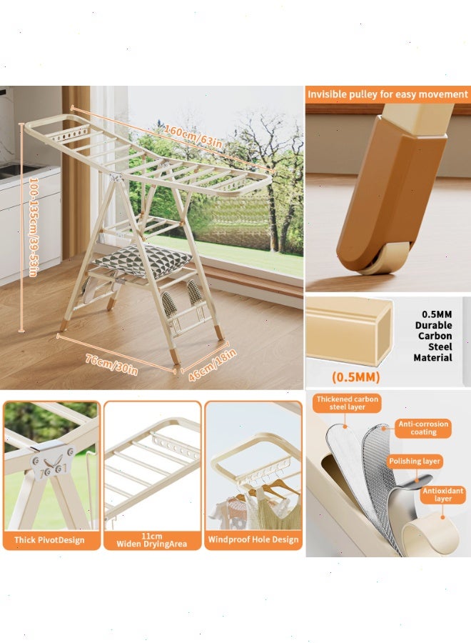 Topyich Foldable Clothes Drying Stand, 3-Tier Adjustable Clothes Drying Rack, Movable Carbon Steel Drying Rack for Indoor & Outdoor Use (Milky white, 160cm) - Image 3