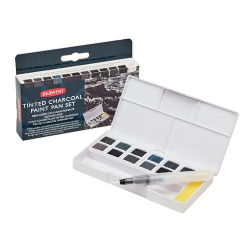 Derwent Tinted Charcoal Paint Pan Set, 12 Paints, Professional Quality, Water Soluble, Blendable, Portable, Includes Palettes, Mini Waterbrush & Cleaning Sponge (2305872) - Image 1