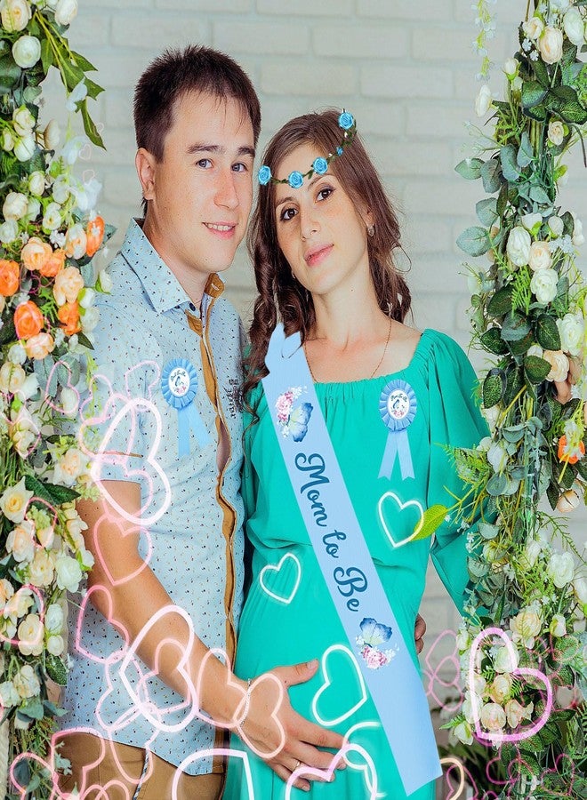 وشاح للأم الحامل بتصميم فراشة، ودبوس للأب الحامل، وطوق رأس على شكل تاج زهور أزرق لحفلة الكشف عن جنس المولود، وهدايا تذكارية لحفلة استقبال المولود، وزينة لجلسة تصوير الحمل بولد، ووشاح للأم الحامل. - Image 5