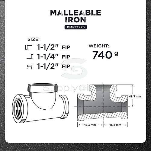 SUPPLYGIANT Everflow Supplies BMRT1223 Black Malleable Reducing Tee Fitting with Female Threaded Connections, 1-1/2" x 1-1/4" x 1-1/2" - Image 5
