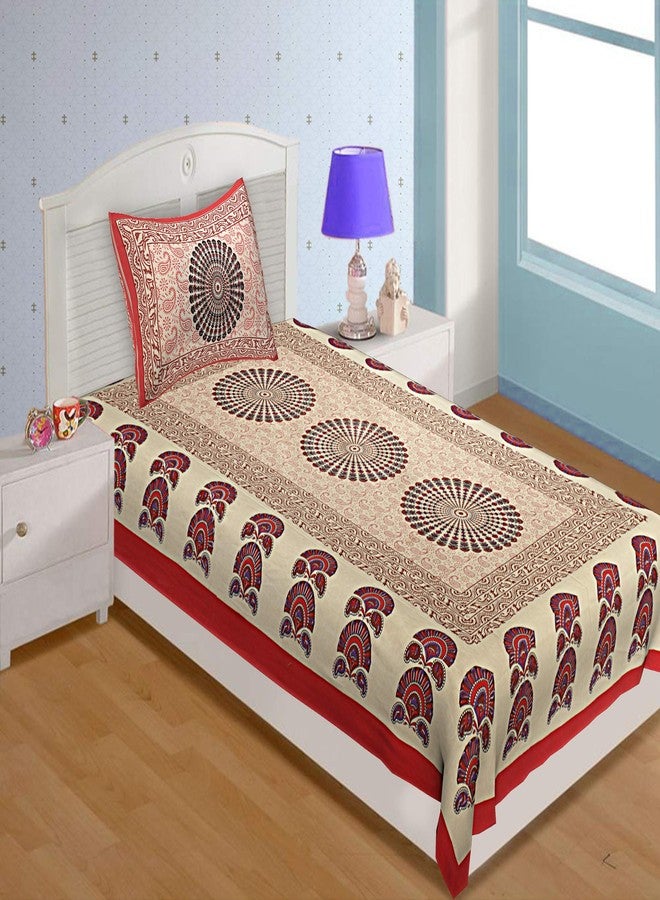 EarlyMart Comfort Rajasthani Jaipuri Traditional Sanganeri Print 144 TC Cotton Floral Single Size Bed Bedsheet with 1 Pillow Cover - Red - Image 1