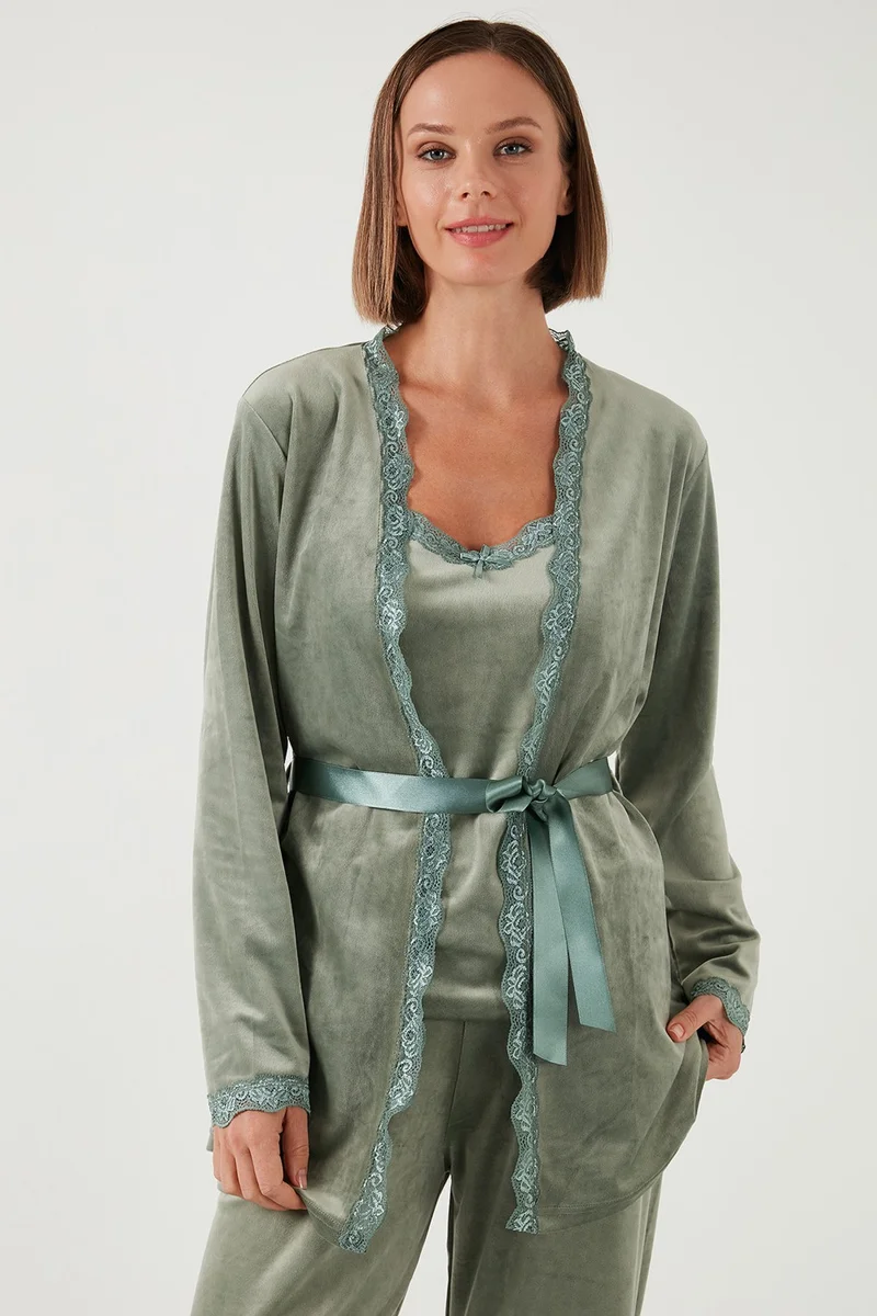 ليلا Regular Fit Lace Soft Textured Robe Velvet Pajama Set Women's Pajama Set 6095545W4