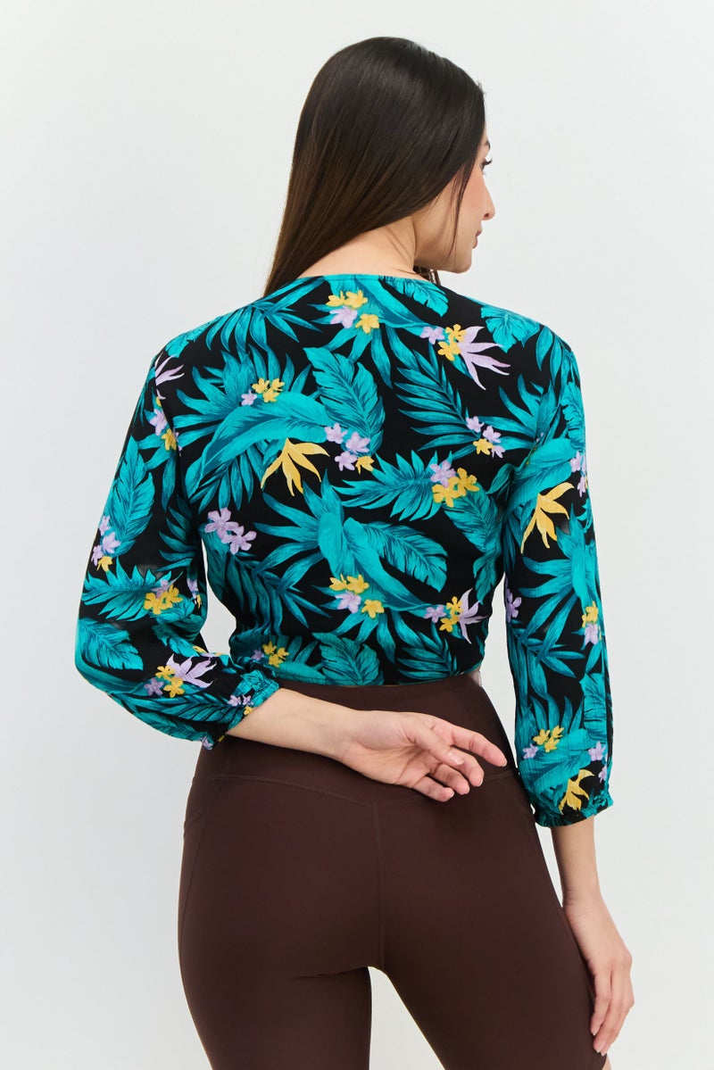 NEW LOOK بلوزة قصيرة بأكمام 3/4 وفتحة عنق مربوطة للنساء، متعددة الألوان - Image 3