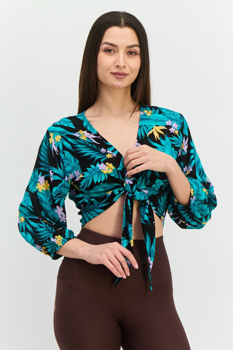 NEW LOOK بلوزة قصيرة بأكمام 3/4 وفتحة عنق مربوطة للنساء، متعددة الألوان - Image 1