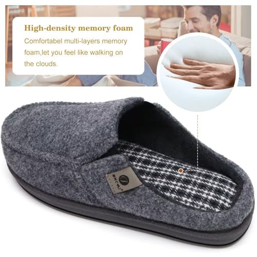 ONCAI Mens Slippers with Orthotic Arch Support,Cotton-Blend High-Density Memory Foam Plantar Fasciitis House Slippers Warm Clogs Slip-on Indoor Outdoor Rubber Sole Felt Grey Size 12 - Image 4