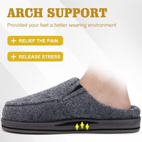 ONCAI Mens Slippers with Orthotic Arch Support,Cotton-Blend High-Density Memory Foam Plantar Fasciitis House Slippers Warm Clogs Slip-on Indoor Outdoor Rubber Sole Felt Grey Size 12 - Image 5
