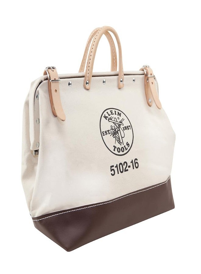 Klein Tools 5102-16 Heavy Duty Natural Canvas Tool Bag, Tool Tote, Multi-Purpose Bag with Wide Hinged Opening and Leather Handles, 16-Inch - Image 1
