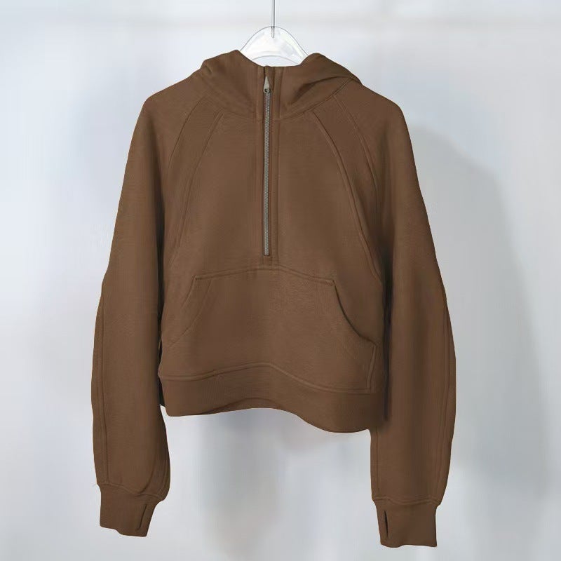 American Style Hooded Autumn and Winter Yoga Suit Half Zip terry Sweat Casual Loose Short fleece-lined Sweat Brown 