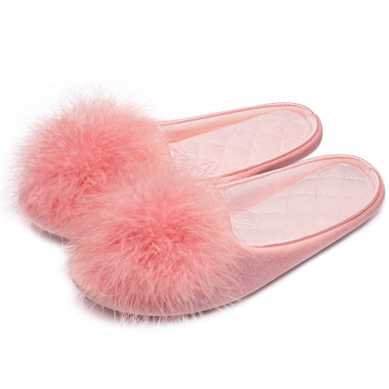 GRITHEIM Women's Fuzzy Pom Pom Feather Velvet House Slippers Sexy Cozy Bedroom Slippers for Ladies Non-slip Sole Indoor Outdoor Pink 5-6 - Image 1