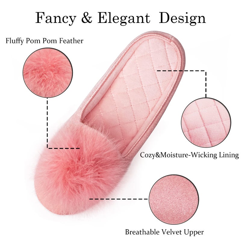 GRITHEIM Women's Fuzzy Pom Pom Feather Velvet House Slippers Sexy Cozy Bedroom Slippers for Ladies Non-slip Sole Indoor Outdoor Pink 5-6 - Image 3