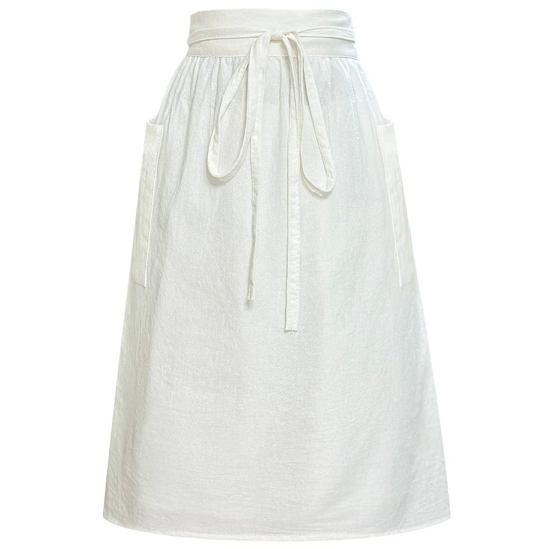 Cityelf Cotton Linen Half Apron for Women Vintage Waist Apron Ruffle Plain Bright Color for Cooking Painting Artwork, White (Linen), M - Image 1