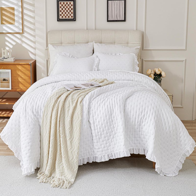 Cmfshape Bedding Set-3 Pieces Ultrasonic Quilt Sets with Ruffled Edges for an Elegant Bedroom Decor Suitable All Season,White(King 106"x96") - Image 2
