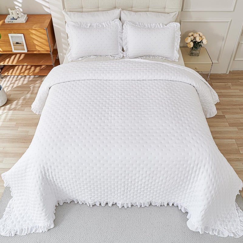 Cmfshape Bedding Set-3 Pieces Ultrasonic Quilt Sets with Ruffled Edges for an Elegant Bedroom Decor Suitable All Season,White(King 106"x96") - Image 4