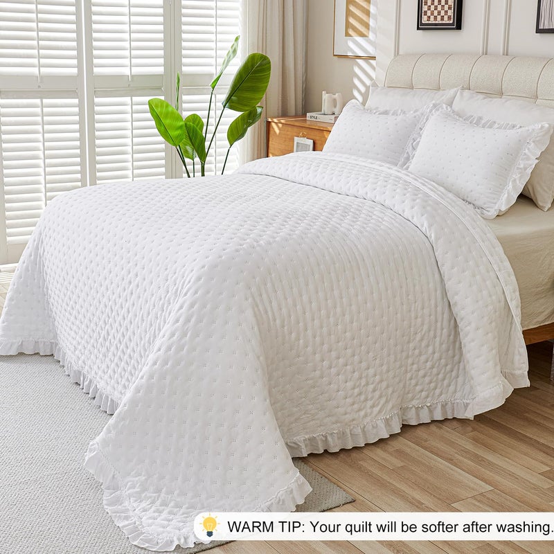 Cmfshape Bedding Set-3 Pieces Ultrasonic Quilt Sets with Ruffled Edges for an Elegant Bedroom Decor Suitable All Season,White(King 106"x96") - Image 3