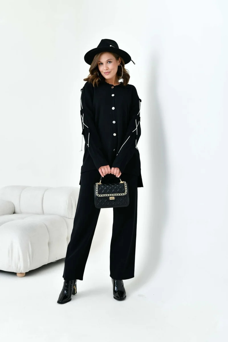 Women's Sleeve Detailed Two Piece Set Black