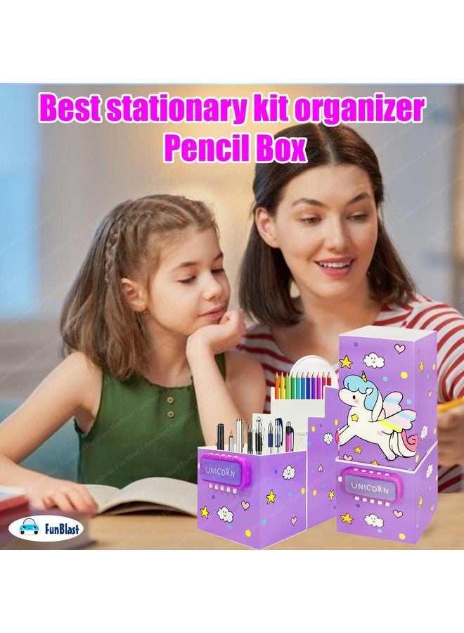 فنبلاست علبة أقلام فن بلاست للبنات - علبة أقلام بقفل كلمة مرور، علبة أقلام متعددة الطبقات لبنات المدارس، علبة هندسية، حافظة منظم أدوات مكتبية للأطفال، هدية إرجاع للأطفال (وحيد القرن - بنفسجي) - Image 4