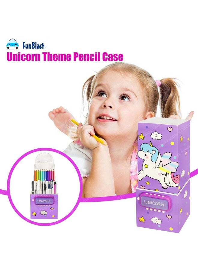 فنبلاست علبة أقلام فن بلاست للبنات - علبة أقلام بقفل كلمة مرور، علبة أقلام متعددة الطبقات لبنات المدارس، علبة هندسية، حافظة منظم أدوات مكتبية للأطفال، هدية إرجاع للأطفال (وحيد القرن - بنفسجي) - Image 2