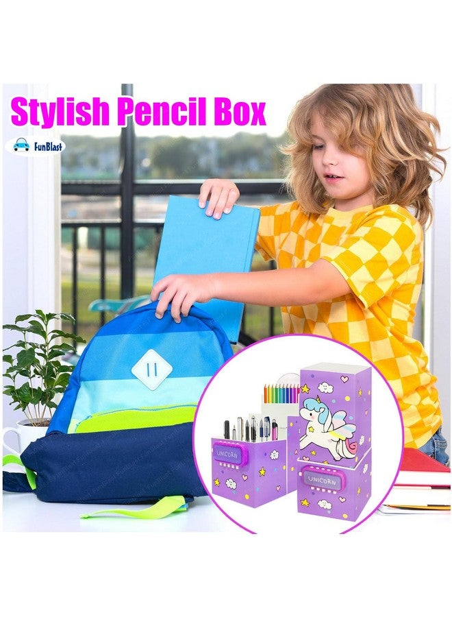 فنبلاست علبة أقلام فن بلاست للبنات - علبة أقلام بقفل كلمة مرور، علبة أقلام متعددة الطبقات لبنات المدارس، علبة هندسية، حافظة منظم أدوات مكتبية للأطفال، هدية إرجاع للأطفال (وحيد القرن - بنفسجي) - Image 3