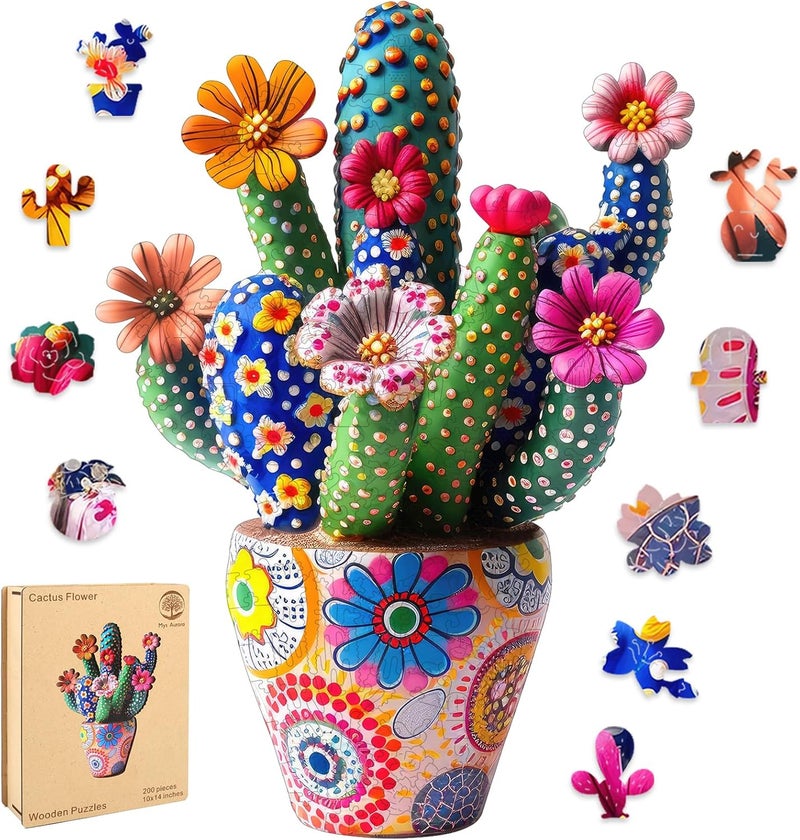 Mys Aurora Wooden Jigsaw Puzzles - Cactus Flower, 200 Piece Luxurious Shaped Wooden Puzzles for Adults and Kids, Family Game, Medium 10'' x 14'' - Image 1