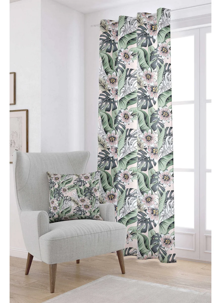 Cango Home Green Beige Floral Patterned Digital Printed Curtain OTYK793-PR