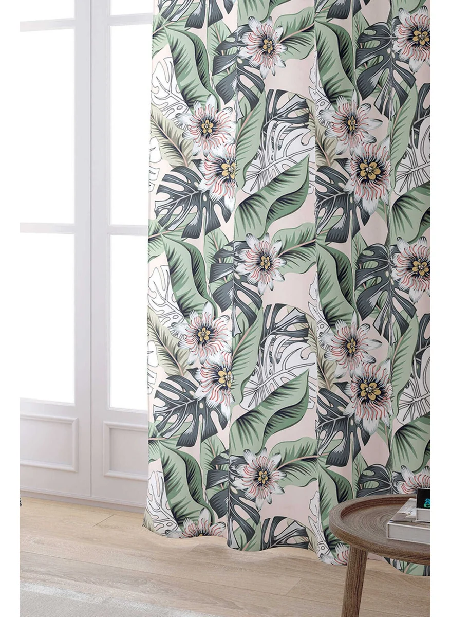 Cango Home Green Beige Floral Patterned Digital Printed Curtain OTYK793-PR