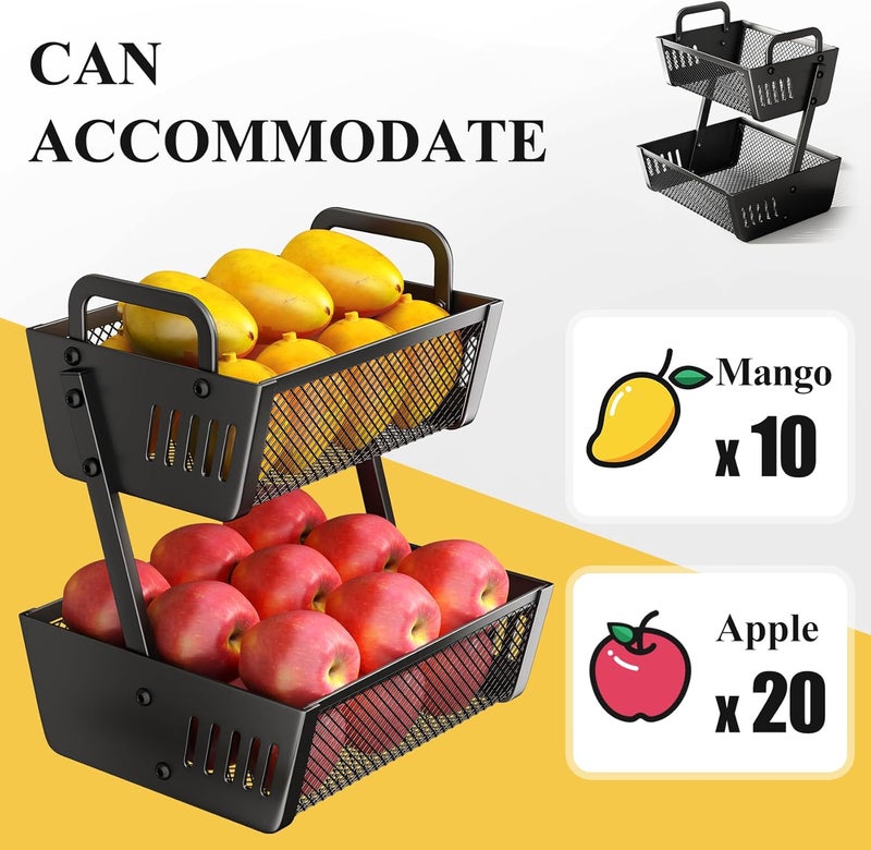 SAYZH Fruit Basket Bowls For Kitchen Counter  Metal Fruit Stand with Handle  Kitchen Vegetables Bread Snacks Storage Organization 2 Tier Black - Image 3