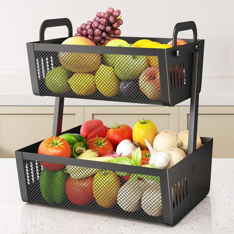 SAYZH Fruit Basket Bowls For Kitchen Counter  Metal Fruit Stand with Handle  Kitchen Vegetables Bread Snacks Storage Organization 2 Tier Black - Image 1