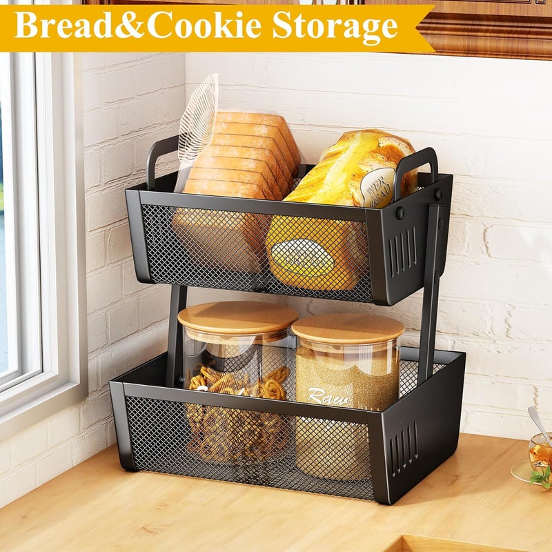 SAYZH Fruit Basket Bowls For Kitchen Counter  Metal Fruit Stand with Handle  Kitchen Vegetables Bread Snacks Storage Organization 2 Tier Black - Image 5