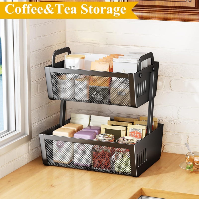 SAYZH Fruit Basket Bowls For Kitchen Counter  Metal Fruit Stand with Handle  Kitchen Vegetables Bread Snacks Storage Organization 2 Tier Black - Image 4