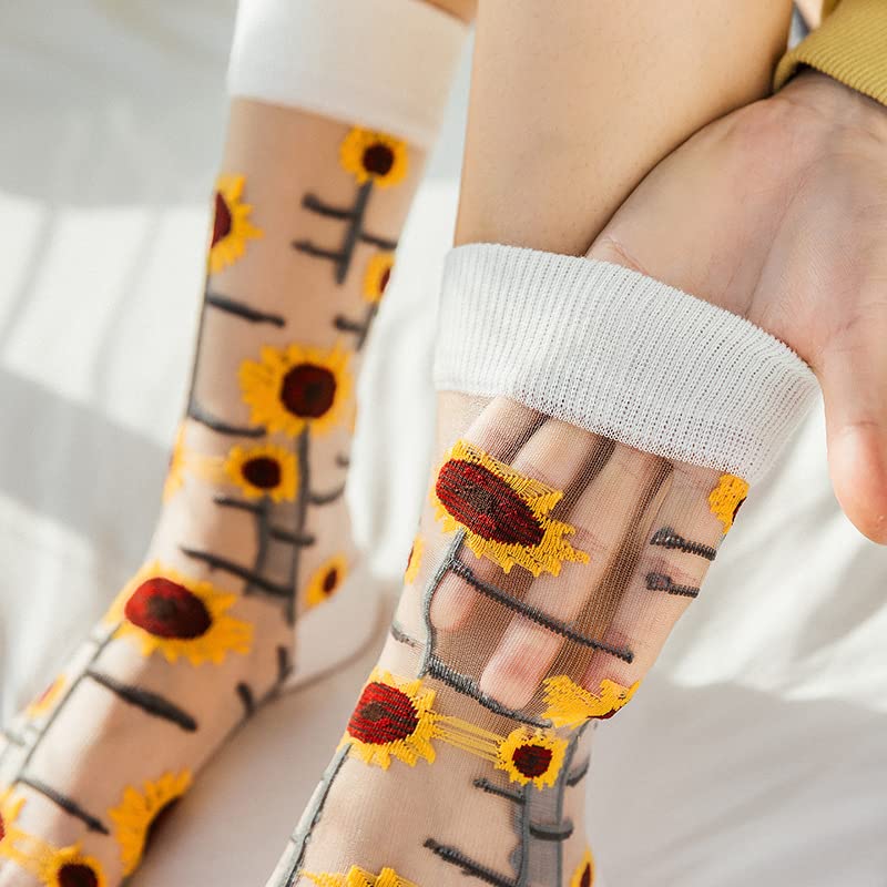 Tyadorw Vintage Sheer Socks, 8 Pair Summer Transparent Flower Long, Aesthetic Thin Mesh Lace Elastic Jacquard Glass Silk (Onesize) - Image 5