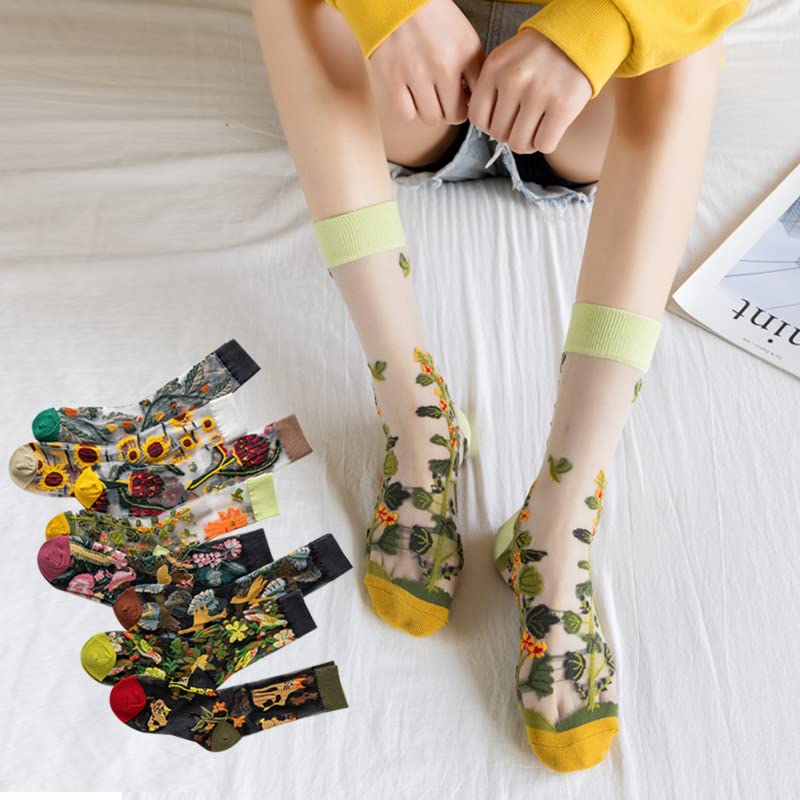 Tyadorw Vintage Sheer Socks, 8 Pair Summer Transparent Flower Long, Aesthetic Thin Mesh Lace Elastic Jacquard Glass Silk (Onesize) - Image 2