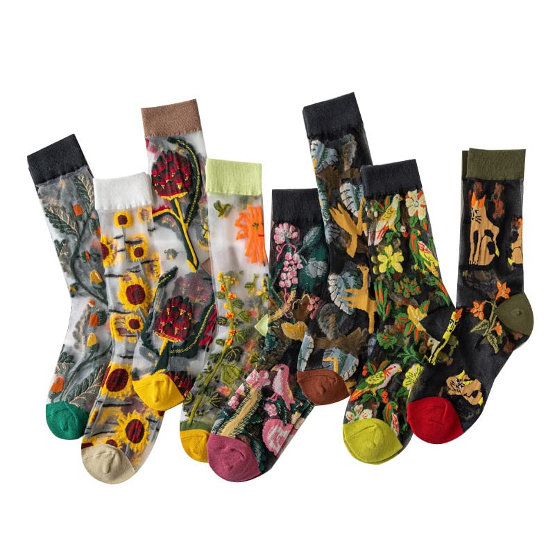 Tyadorw Vintage Sheer Socks, 8 Pair Summer Transparent Flower Long, Aesthetic Thin Mesh Lace Elastic Jacquard Glass Silk (Onesize) - Image 1