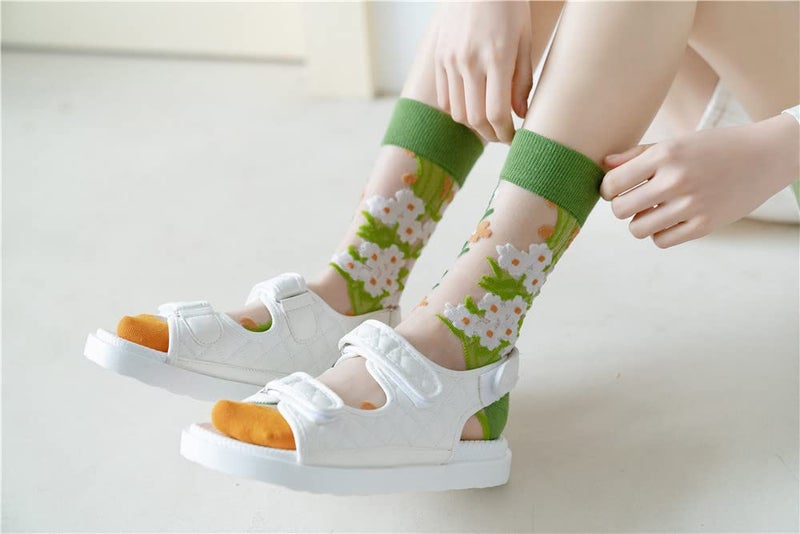 Tyadorw Vintage Sheer Socks, 8 Pair Summer Transparent Flower Long, Aesthetic Thin Mesh Lace Elastic Jacquard Glass Silk (Onesize) - Image 3