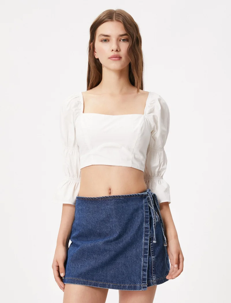 كوتون Cotton Crop Blouse Square Neck Back Openwork Long Sleeve Gathered Detail Cotton