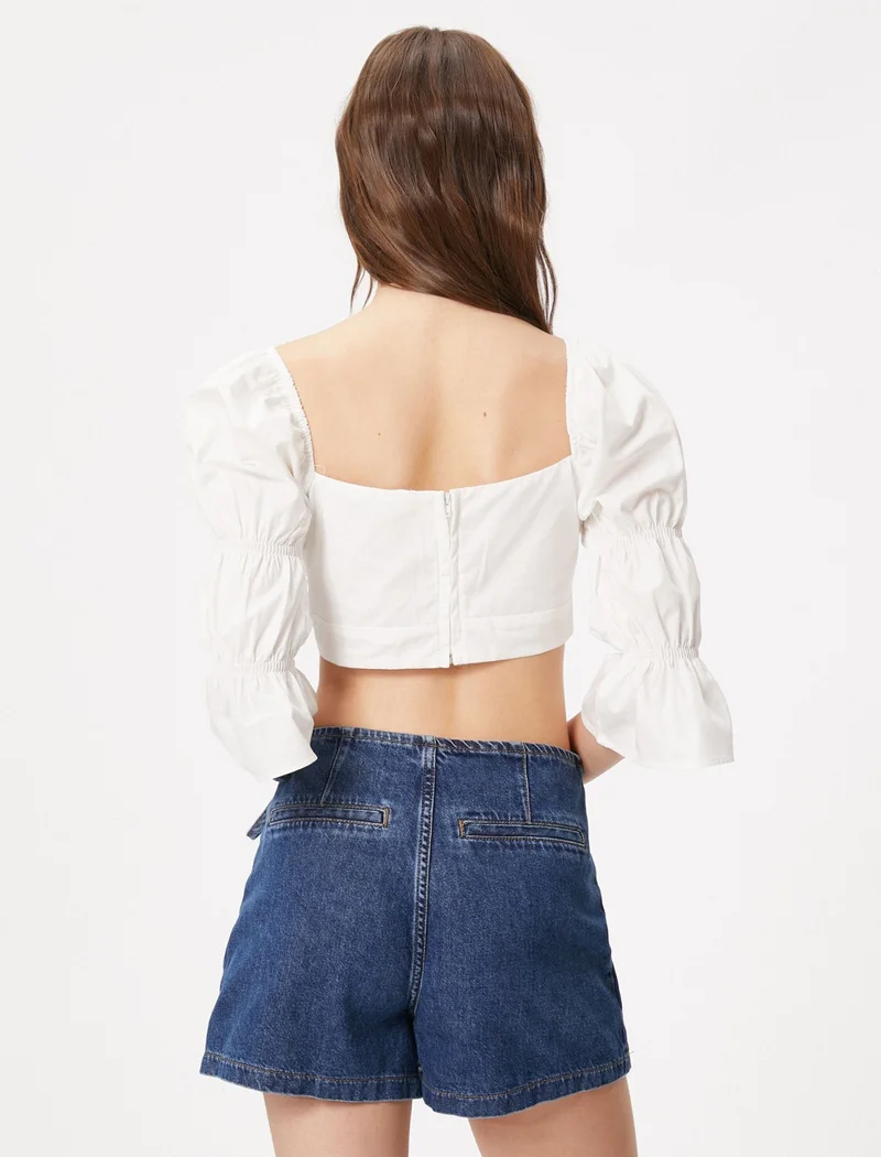 كوتون Cotton Crop Blouse Square Neck Back Openwork Long Sleeve Gathered Detail Cotton