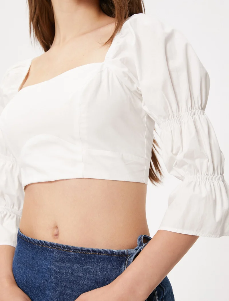 كوتون Cotton Crop Blouse Square Neck Back Openwork Long Sleeve Gathered Detail Cotton