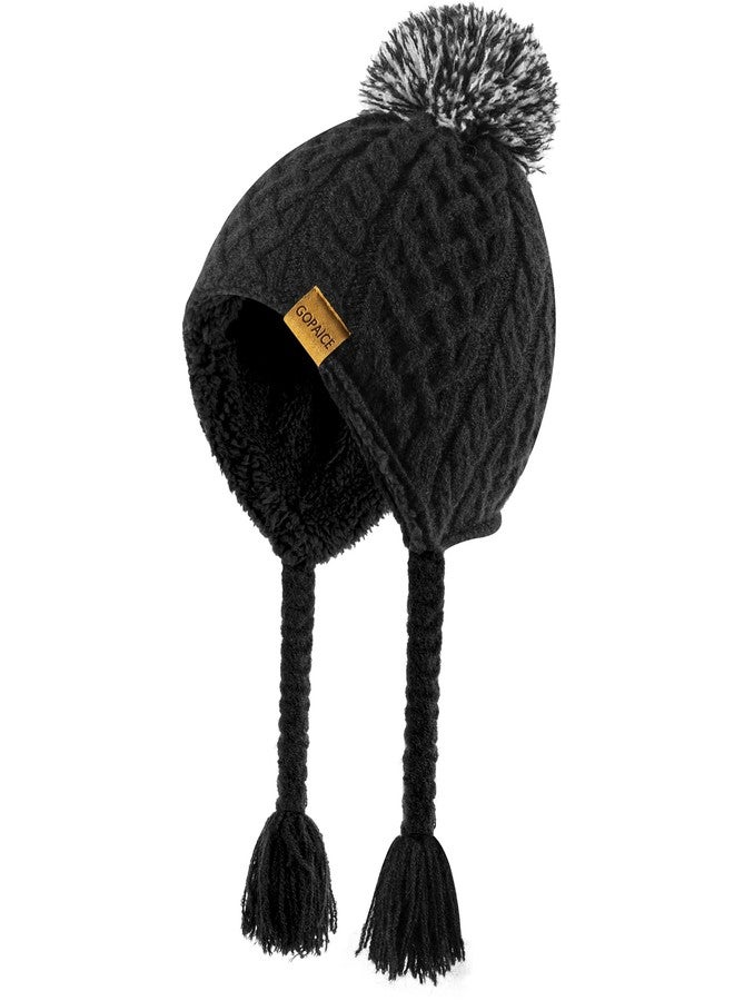 Gopaice Kids Winter Beanie Hat with Pom Pom, Winter Fleece Lining Skiing Caps with Warm Ear Flap 4-10 Years Black - Image 1