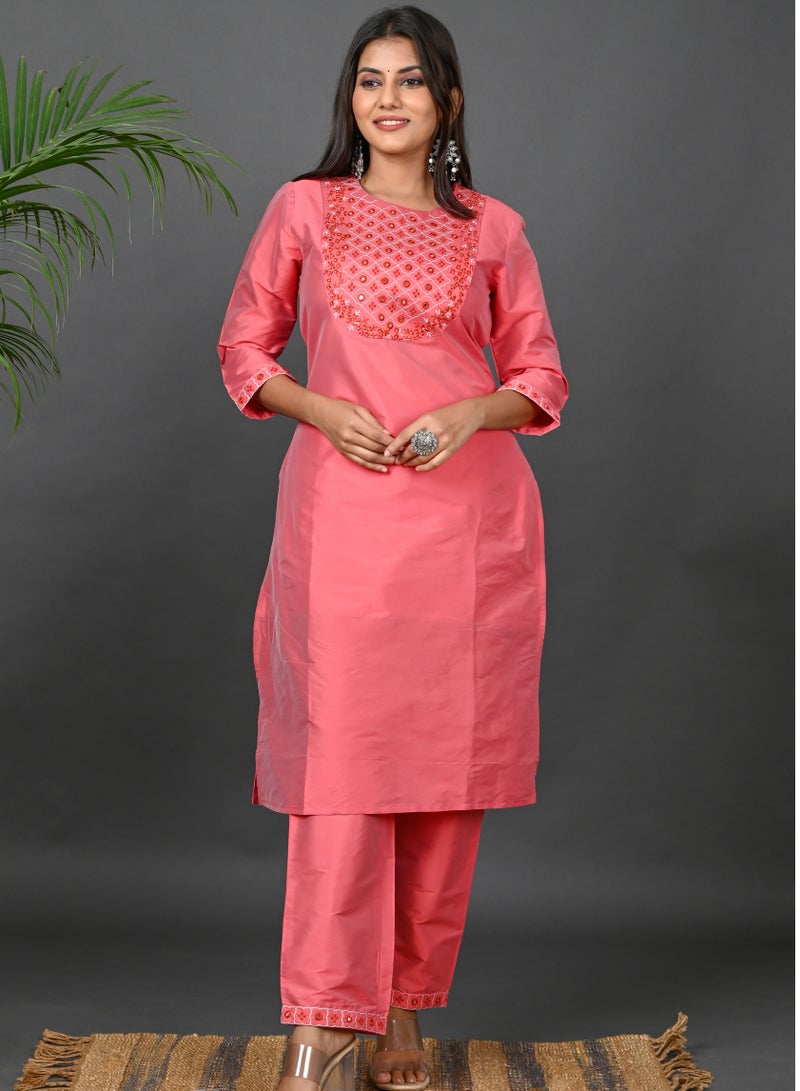 Riara Riara Embroidery Women Kurti With Pant And Dupatta Coral Paradise Round Neck 2XL  - Image 4